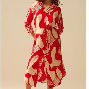 Red and Cream Patterned Shirt Dress